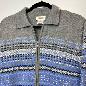 Talbots Men's Gray and Blue Patterned Zip-Up Sweater